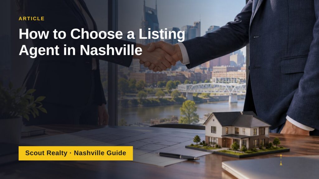 Two professionals shaking hands over house blueprints with the Nashville skyline in the background