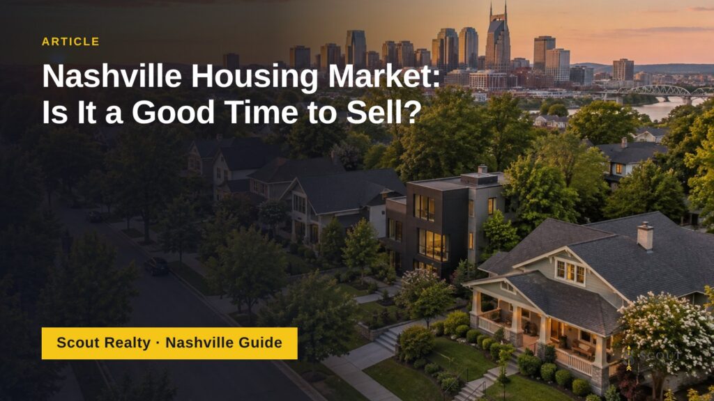 Aerial view of a Nashville neighborhood at sunset with the downtown skyline in the background