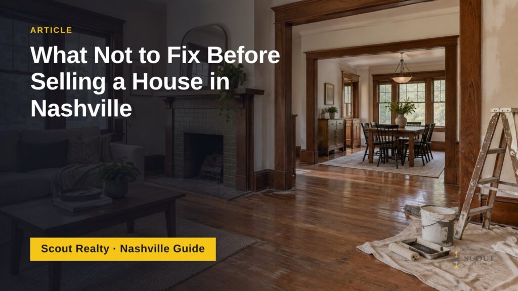 Cozy older Nashville home interior mid light renovation with original hardwood floors and trim